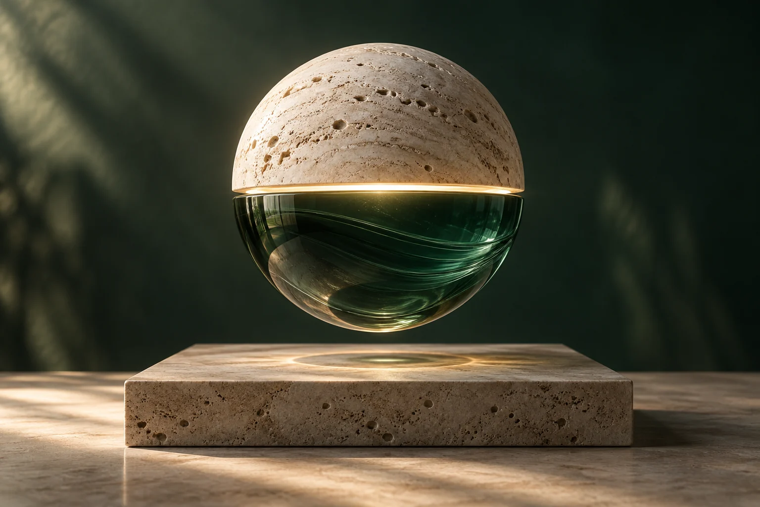 Sfera concettuale in pietra e vetro verde, sospesa sopra una base: spazio fisico e precisione digitale in equilibrio.